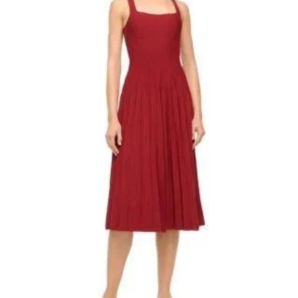 STAUD Ellison Crimson Square-Neck Pleated Midi Dress